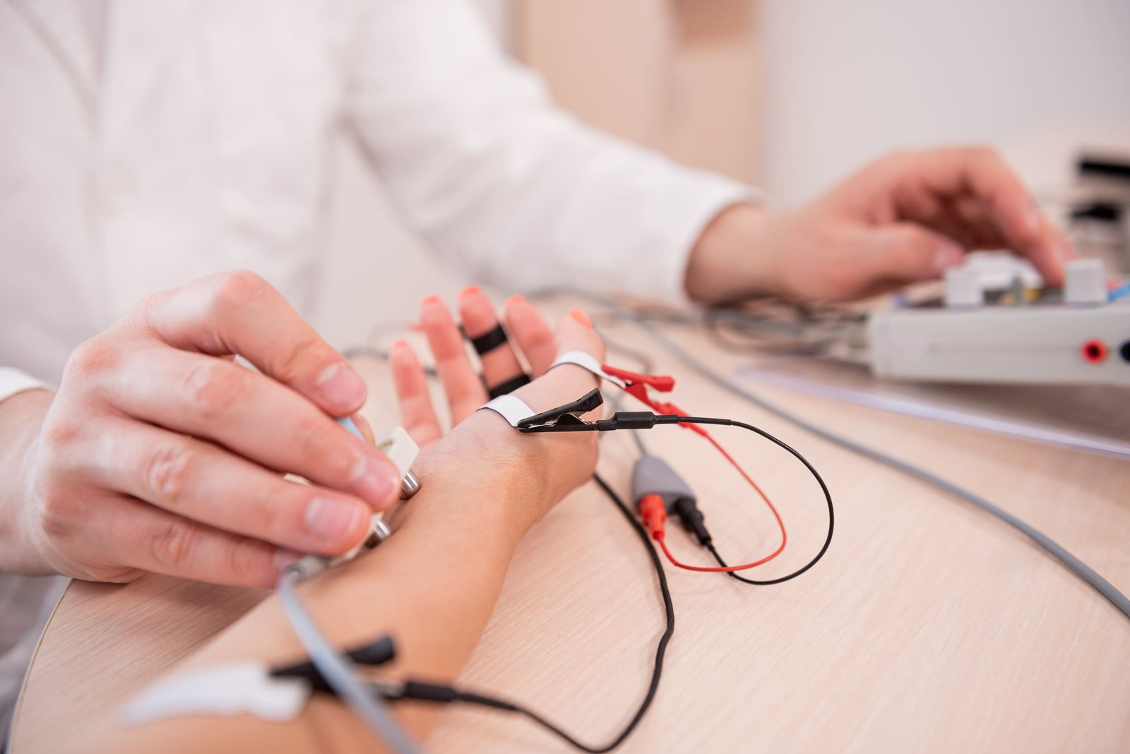 Nerve conduction test with electrodes on a patient's hand